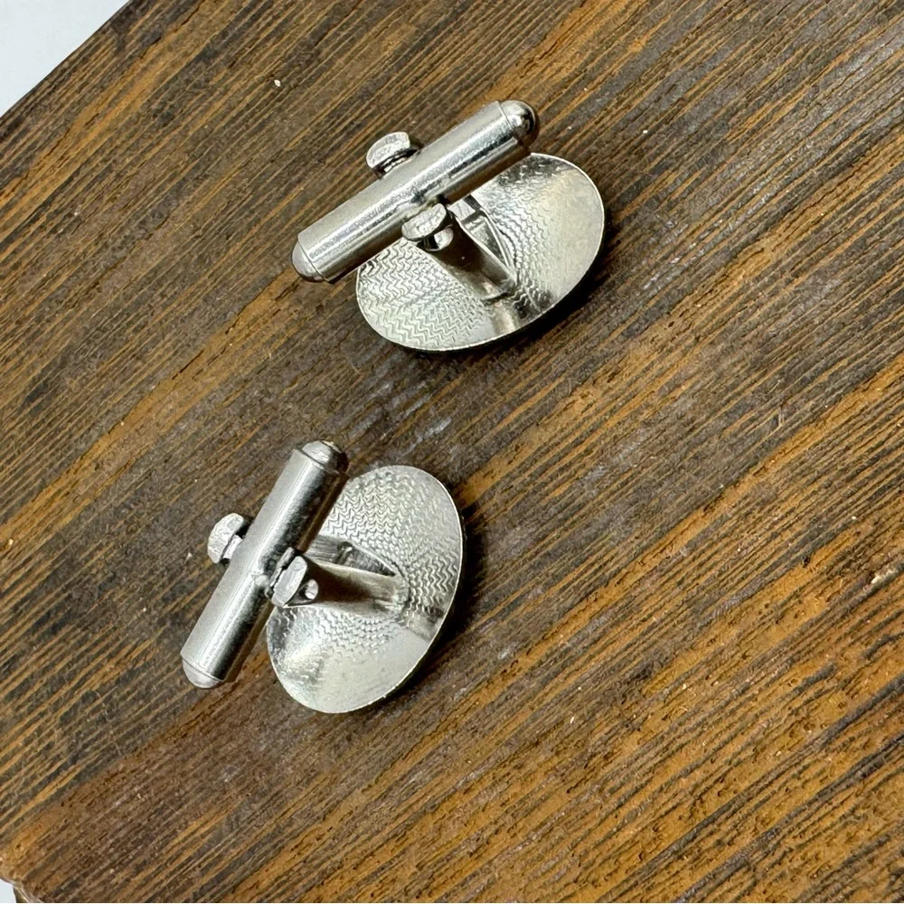 vintage silver tone cuff links etched design oval MCM dapper wedding formal